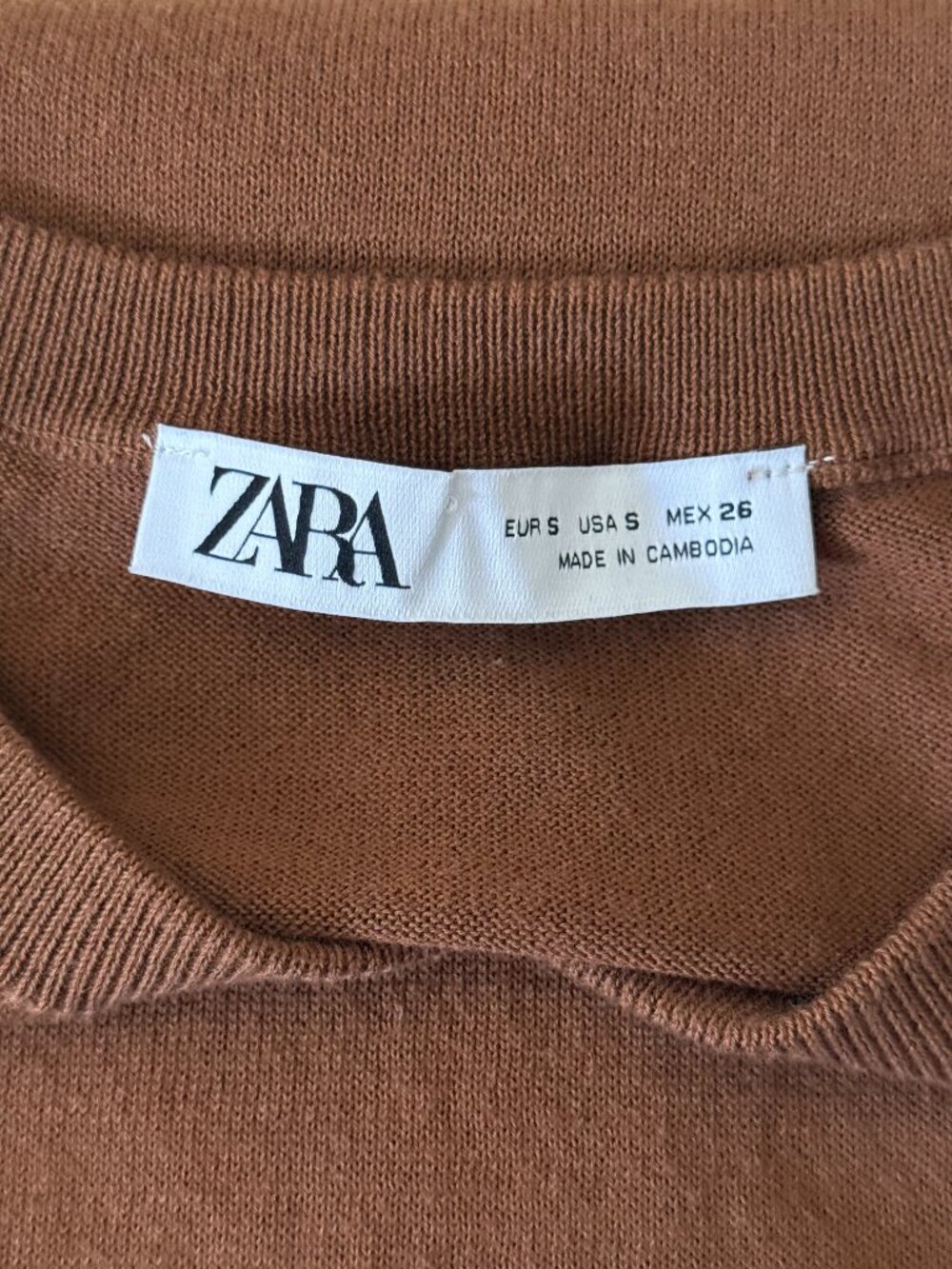 ZARA FINE-KNIT COTTON V-NECK SWEATER - COGNAC BROWN - SIZE S - Picture 8 of 9